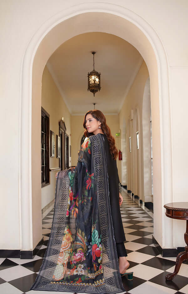 3 Piece Stitched Embroidered Lawn Suit with Printed Monaar Chiffon Dupatta