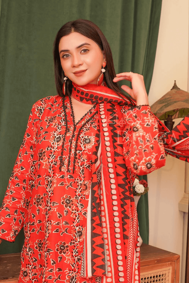3 Piece Stitched Embroidered Lawn Suit with Printed Lawn Dupatta