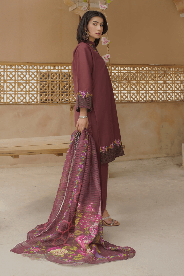 3 Piece Stitched Embroidered Lawn Suit with Printed Monaar Chiffon Dupatta