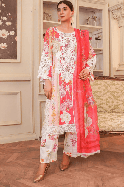3 Piece Stitched Embroidered Lawn Suit with Printed Monaar Chiffon Dupatta