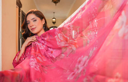 3 Piece Stitched Embroidered Lawn A Line Frok with Printed Monaar Chiffon Dupatta