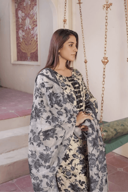 3 Piece Stitched Embroidered Lawn Suit with Printed Monaar Chiffon Dupatta