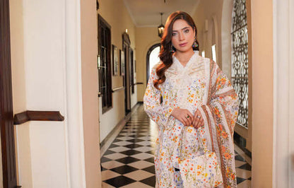 3 Piece Stitched Embroidered Lawn Suit with Printed Monaar Chiffon Dupatta and Hand Bag