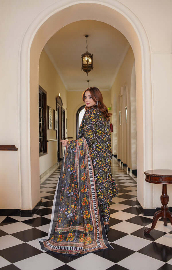 3 Piece Stitched Embroidered Lawn Suit with Printed Monaar Chiffon Dupatta and Hand Bag