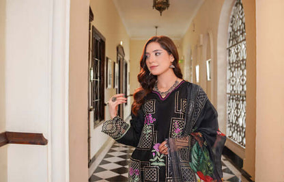 3 Piece Stitched Embroidered Lawn Suit with Printed Monaar Chiffon Dupatta