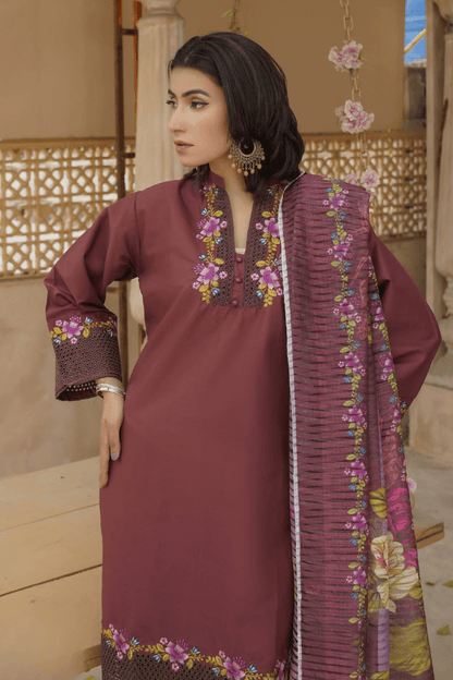 3 Piece Stitched Embroidered Lawn Suit with Printed Monaar Chiffon Dupatta