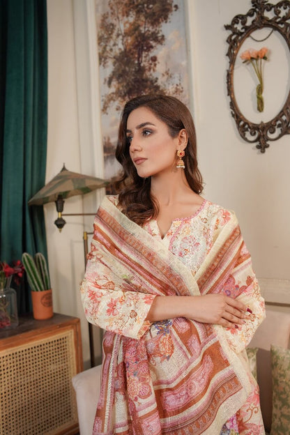 3 Piece Stitched Embroidered Lawn Suit with Printed Monaar Chiffon Dupatta
