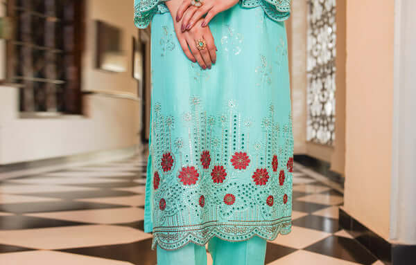 3 Piece Stitched Embroidered Lawn Suit with Printed Monaar Chiffon Dupatta