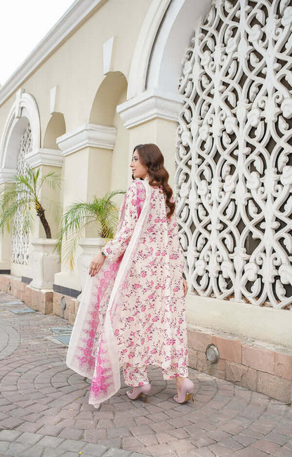 3 Piece Stitched Embroidered Lawn A Line Frok with Printed Monaar Chiffon Dupatta