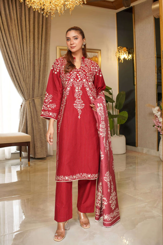 3 Piece Stitched Embroidered Lawn Suit with Printed Monaar Chiffon Dupatta