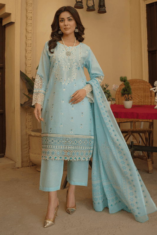 3 Piece Stitched Embroidered Lawn Suit with Printed Monaar Chiffon Dupatta