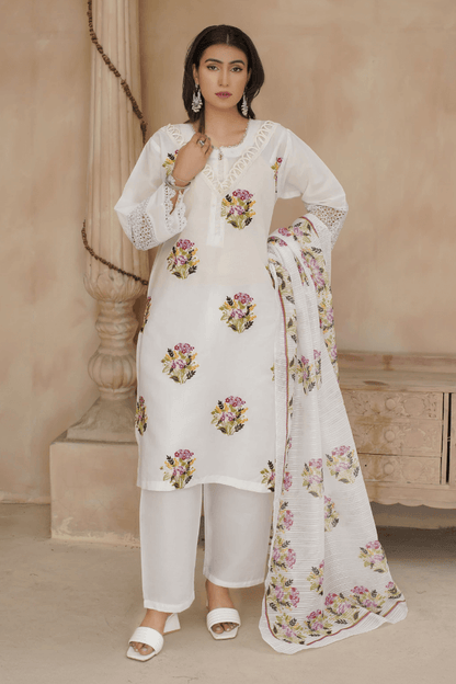 3 Piece Stitched Embroidered Lawn Suit with Printed Monaar Chiffon Dupatta