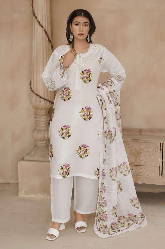 3 Piece Stitched Embroidered Lawn Suit with Printed Monaar Chiffon Dupatta