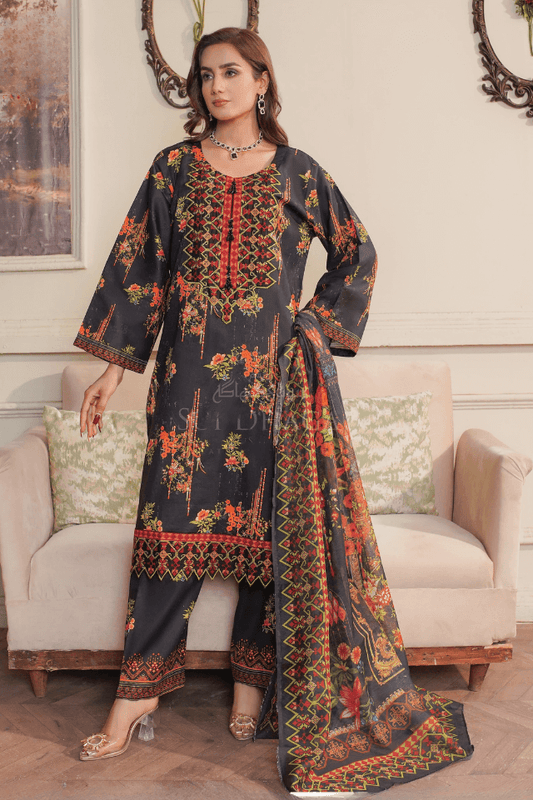 3 Piece Stitched Embroidered Lawn Suit with Monaar Chiffon Printed Dupatta