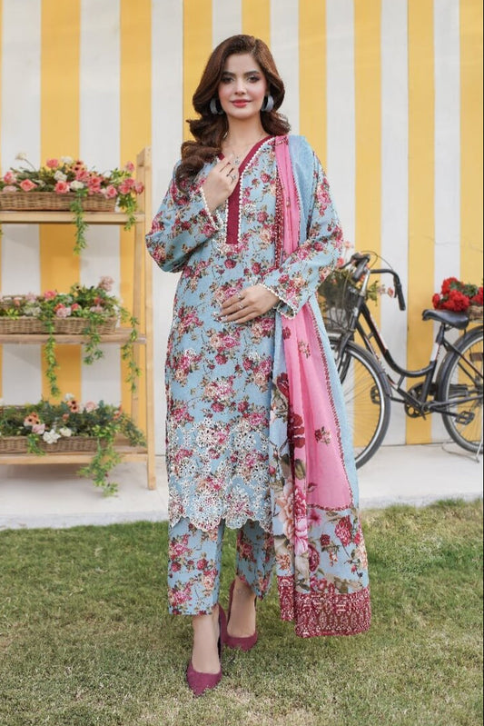 3 Piece Stitched Embroidered Lawn Suit with Printed Monaar Chiffon Dupatta