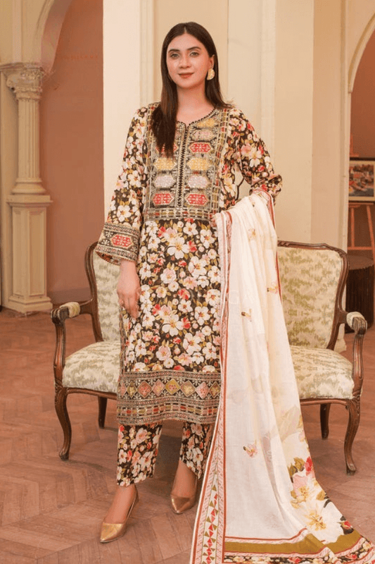 3 Piece Stitched Embroidered Lawn Suit with Printed Lawn Dupatta