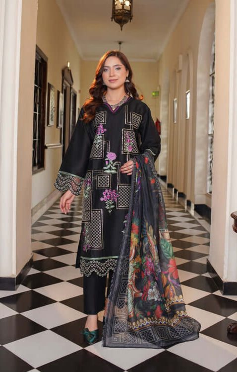 3 Piece Stitched Embroidered Lawn Suit with Printed Monaar Chiffon Dupatta