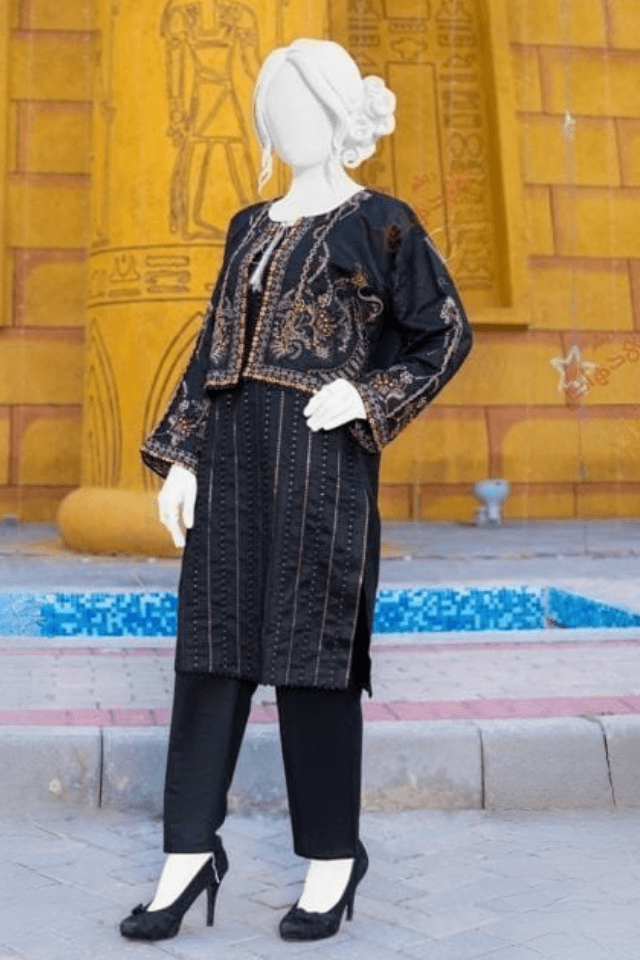 3 Piece Stitched Embroidered Lawn Suit with Printed Monaar Chiffon Dupatta and Jacket
