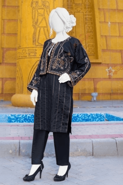 3 Piece Stitched Embroidered Lawn Suit with Printed Monaar Chiffon Dupatta and Jacket
