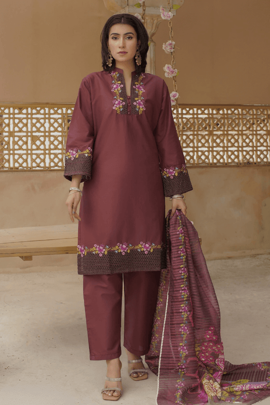 3 Piece Stitched Embroidered Lawn Suit with Printed Monaar Chiffon Dupatta