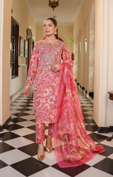 3 Piece Stitched Embroidered Lawn Suit with Printed Monaar Chiffon Dupatta