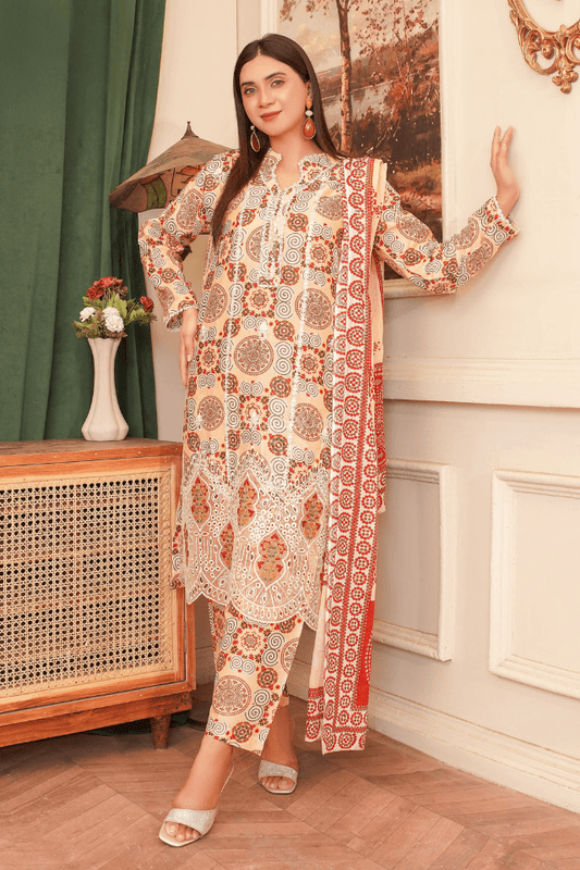 3 Piece Stitched Embroidered Lawn Suit with Printed Chiffon Dupatta