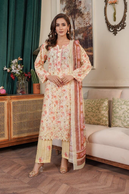 3 Piece Stitched Embroidered Lawn Suit with Printed Monaar Chiffon Dupatta