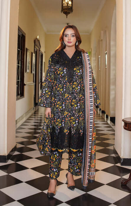 3 Piece Stitched Embroidered Lawn Suit with Printed Monaar Chiffon Dupatta and Hand Bag