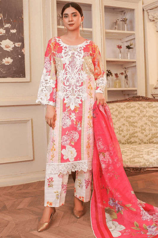 3 Piece Stitched Embroidered Lawn Suit with Printed Monaar Chiffon Dupatta