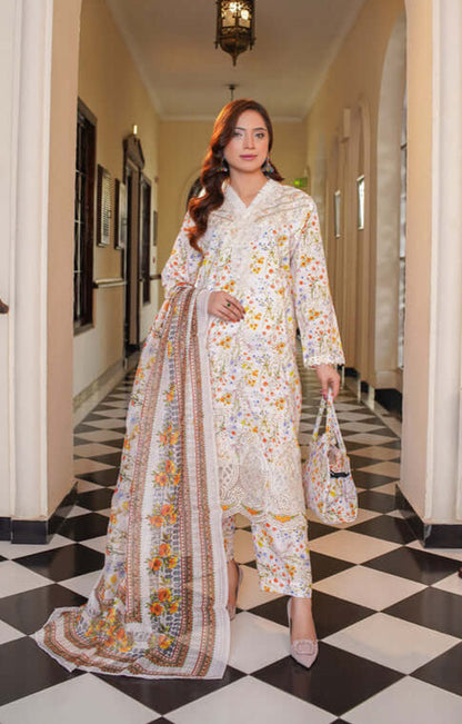 3 Piece Stitched Embroidered Lawn Suit with Printed Monaar Chiffon Dupatta and Hand Bag