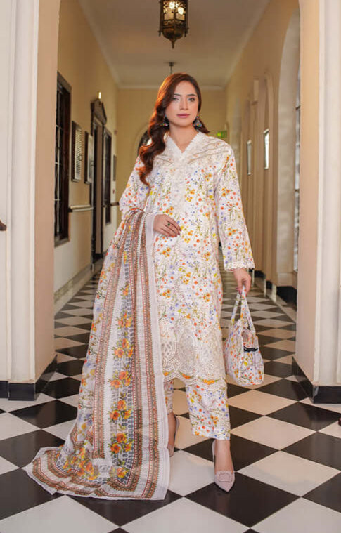 3 Piece Stitched Embroidered Lawn Suit with Printed Monaar Chiffon Dupatta and Hand Bag