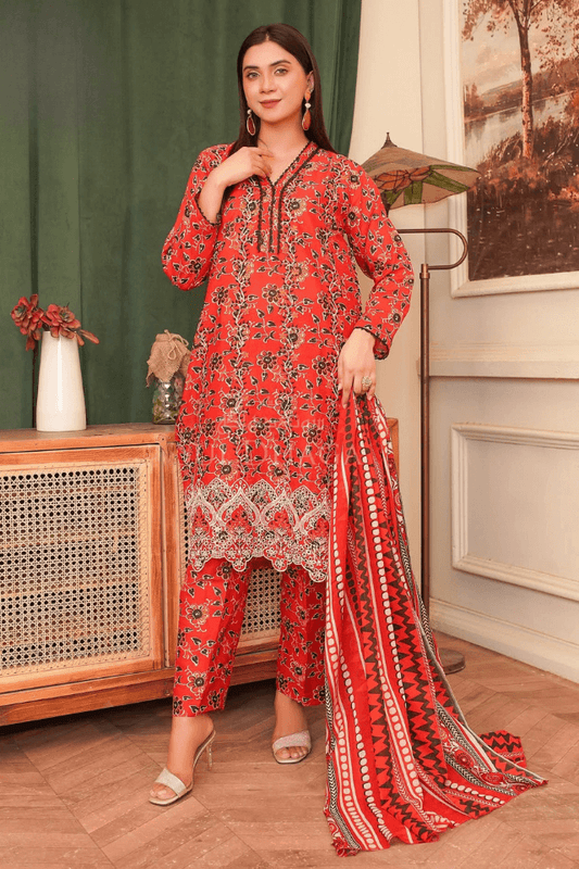 3 Piece Stitched Embroidered Lawn Suit with Printed Lawn Dupatta