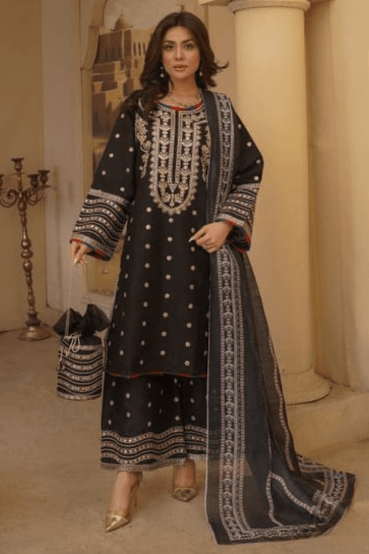 3 Piece Stitched Embroidered Lawn Suit with Printed Monaar Chiffon Dupatta and Hand Bag
