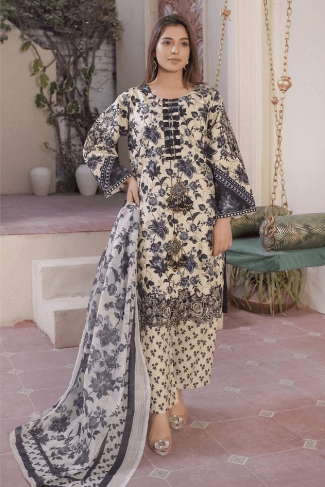 3 Piece Stitched Embroidered Lawn Suit with Printed Monaar Chiffon Dupatta