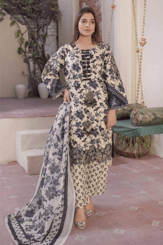 3 Piece Stitched Embroidered Lawn Suit with Printed Monaar Chiffon Dupatta