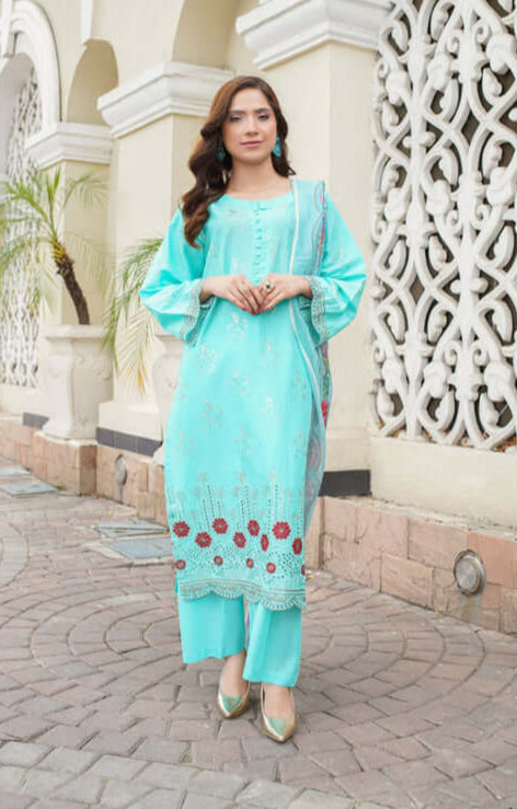 3 Piece Stitched Embroidered Lawn Suit with Printed Monaar Chiffon Dupatta