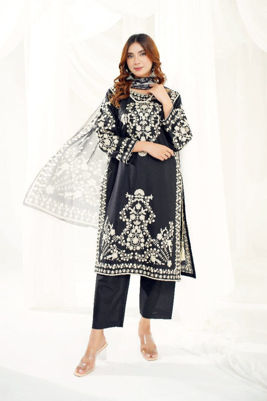 3 Piece Stitched Embroidered Lawn Suit with Printed Monaar Chiffon Dupatta