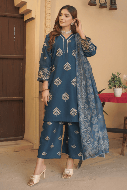 3 Piece Stitched Embroidered Lawn Suit with Printed Monaar Chiffon Dupatta