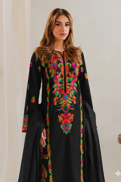 3 Piece Unstitched Heavy Embroidered Lawn Suit with Dyed Chiffon Dupatta