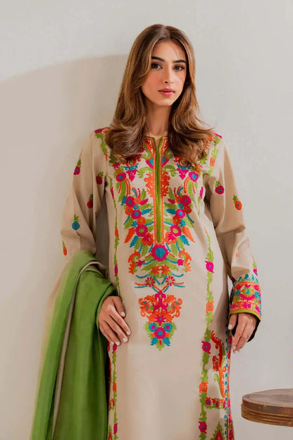 3 Piece Unstitched Heavy Embroidered Lawn Suit with Dyed Chiffon Dupatta