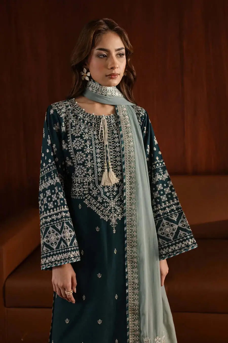 3 Piece Unstitched Heavy Embroidered Lawn Suit with Embroidered Chiffon Dupatta