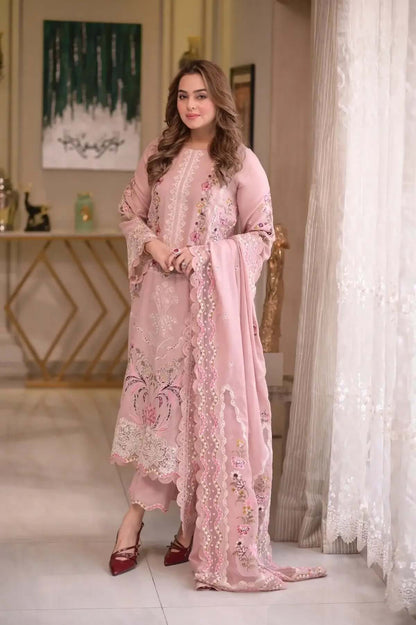 3 Piece Unstitched Heavy Embroidered Lawn Suit with Embroidered Fancy Dupatta