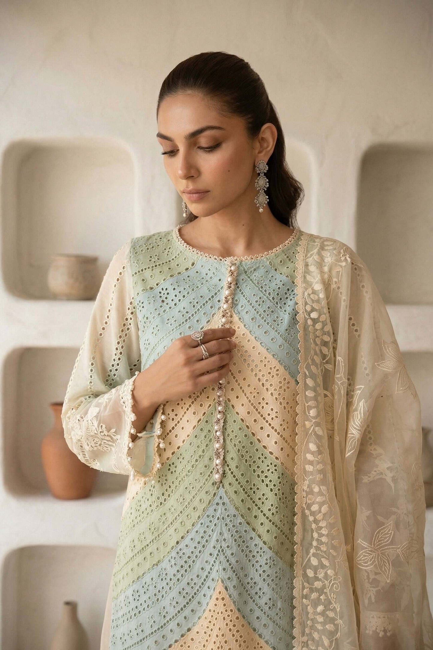3 Piece Unstitched Heavy Embroidered Chicken Kari Lawn Suit with Ready to Wear Chiffon Dupatta