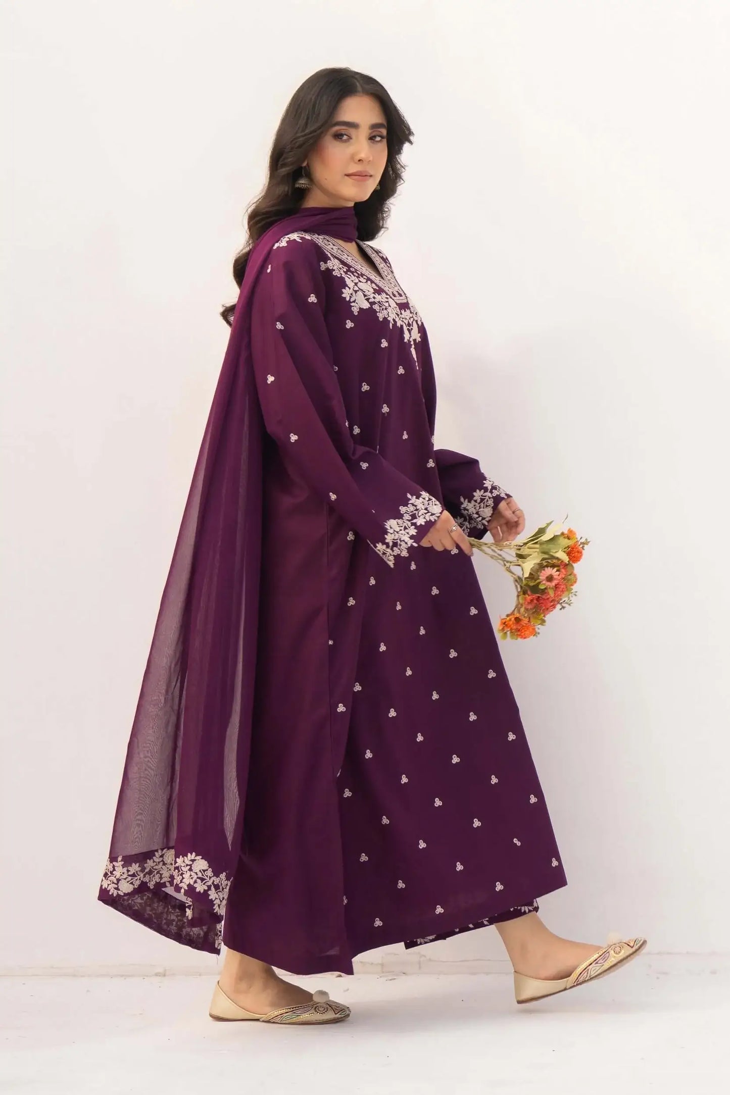 3 Piece Unstitched Heavy Embroidered Lawn Suit with Embroidered Chiffon Dupatta