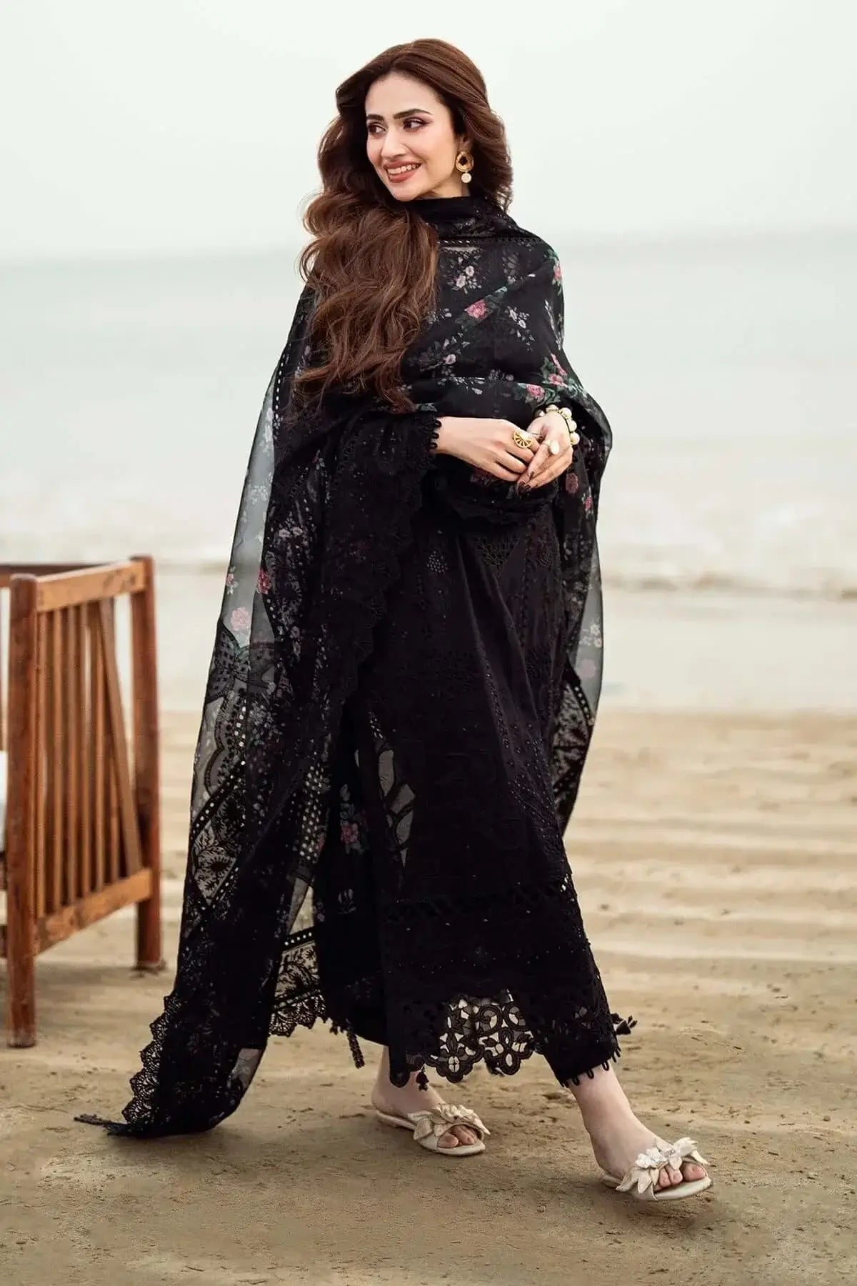 3 Piece Unstitched Heavy Sequenced Embroidered Lawn Suit with Sequenced Embroidered Voil Dupatta