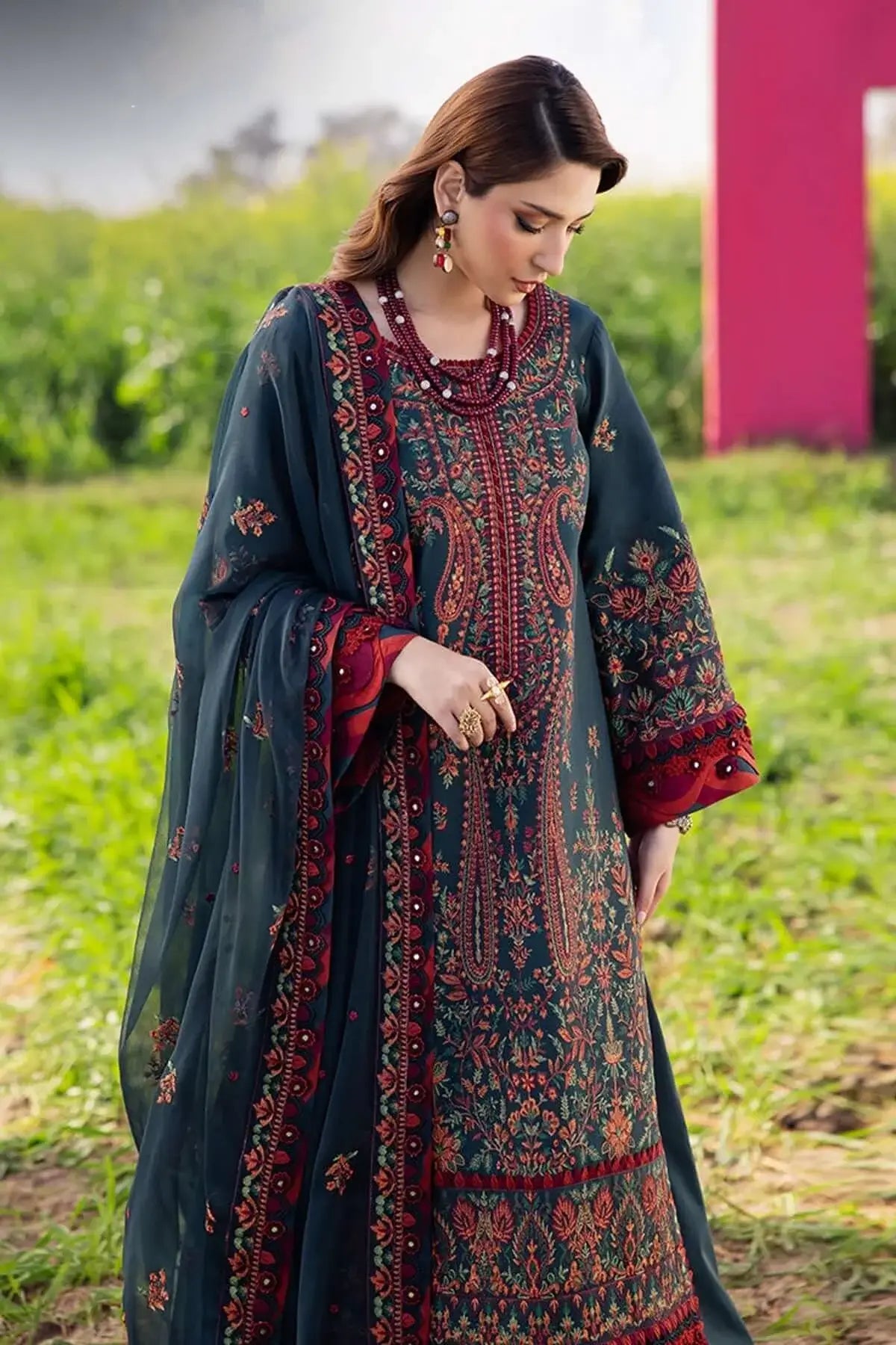 3 Piece Unstitched Heavy Embroidered Lawn Suit with Embroidered Chiffon Dupatta