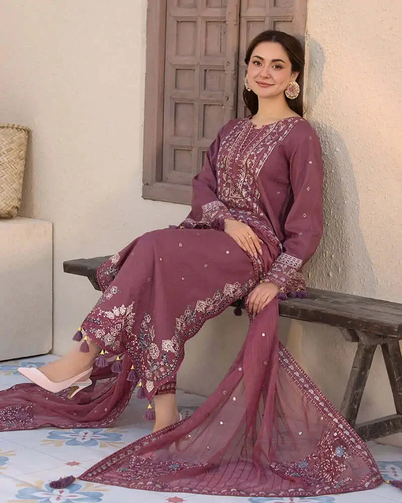 3 Piece Unstitched Heavy Embroidered Lawn Suit with Embroidered Chiffon Dupatta