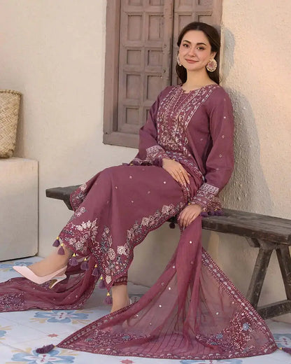 3 Piece Unstitched Heavy Embroidered Lawn Suit with Embroidered Chiffon Dupatta
