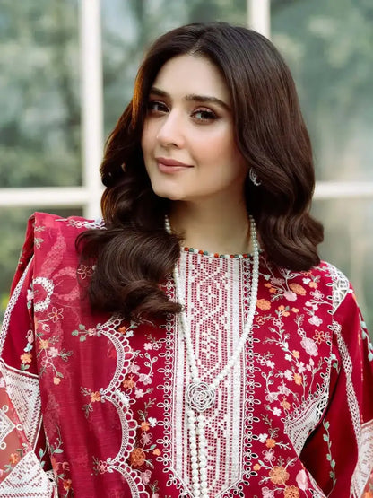 3 Piece Unstitched Heavy Embroidered Lawn Suit with Embroidered Bamber Chiffon Dupatta