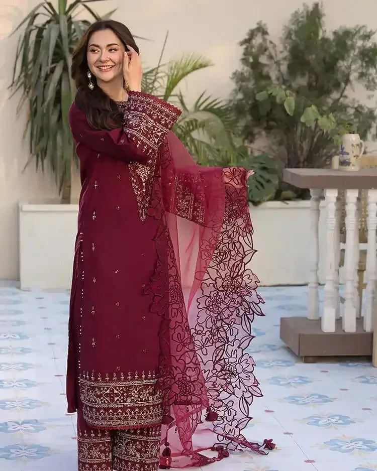 3 Piece Unstitched Heavy Embroidered Lawn Suit with Embroidered Chiffon Dupatta